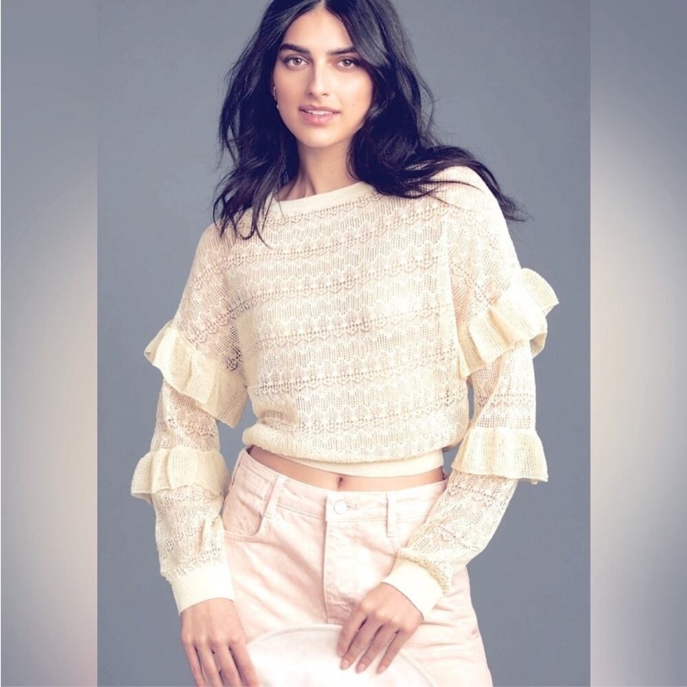 NWT’s Anthropologie Ivory Crochet Lace top Ruffle sleeve, cropped Size Medium